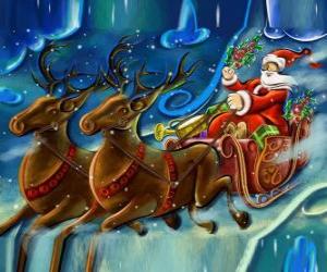 yapboz Kızak Noel Baba ile uçan hediyeler ve sihirli Ren geyikleri dolu